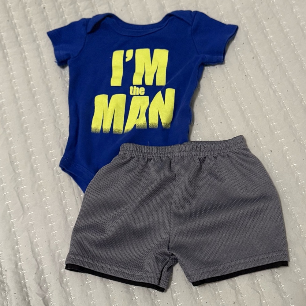 Vibrant Blue Onesie with Gray Shorts